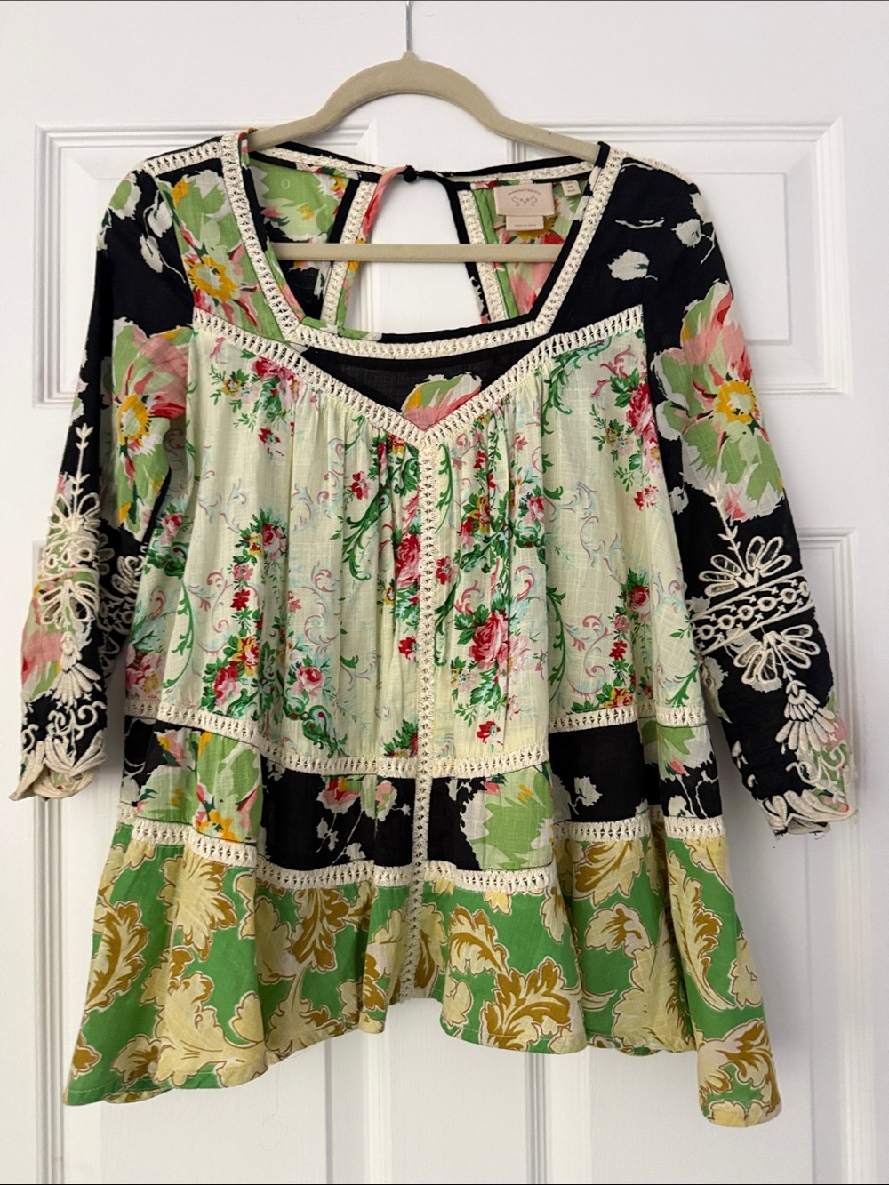 Floral Patchwork Peasant Top in Cream and Green with vintage feel and crochet